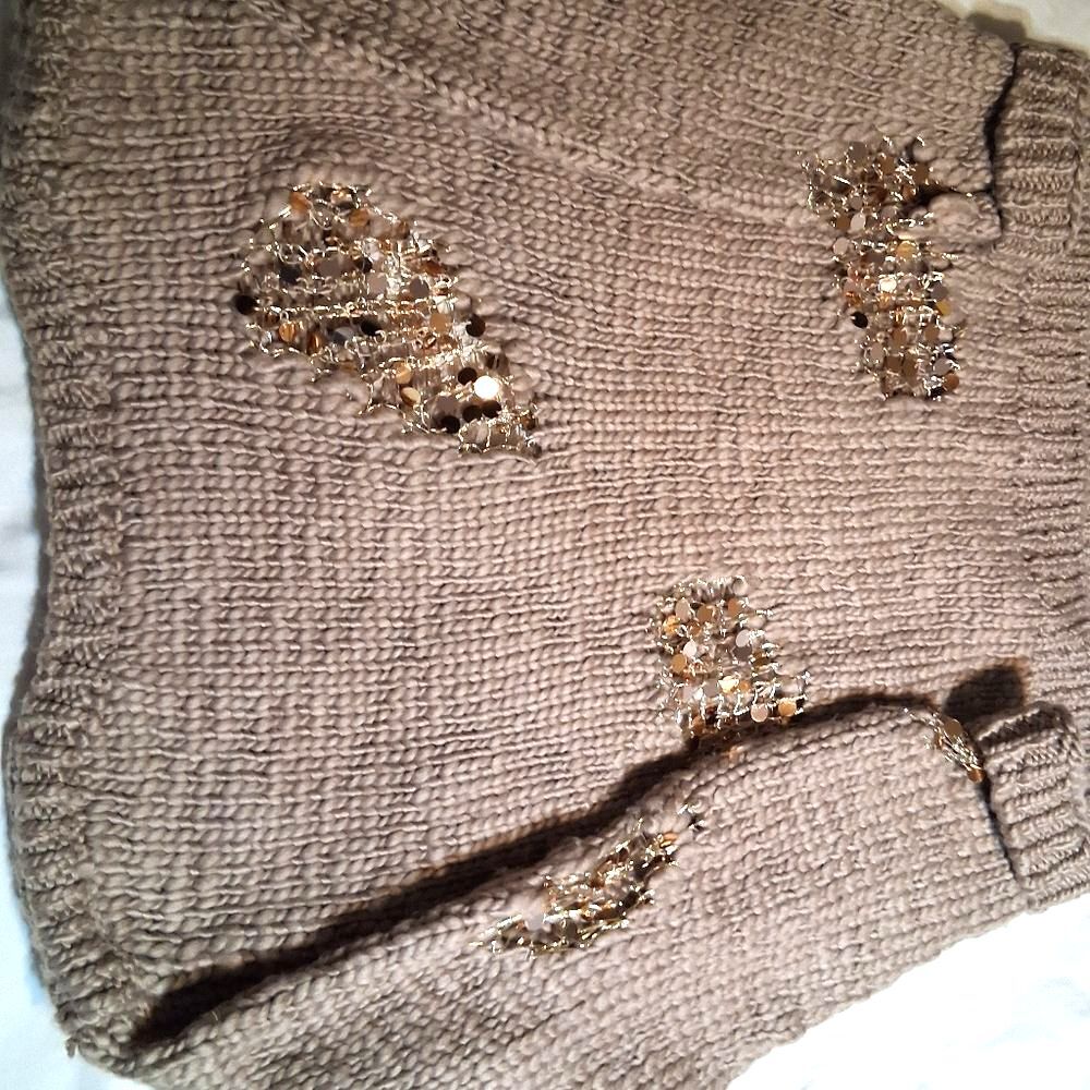 ZARA Mink Limited Edition Chunky Knit Sequin Distressed Sweater Taupe  Medium - Picture 6 of 9